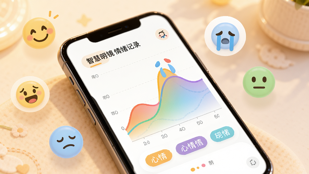 智慧明镜情绪记录界面,画面展示一部手机屏幕中显示彩色情绪曲线图和心情标签,屏幕旁边漂浮着笑脸、哭脸、平静表情等图标,布局为手机倾斜展示、图标散落周围,风格温馨治愈,细节上曲线图有渐变色彩,画质高清,干净无多余元素,图片中打文字“智慧明镜”