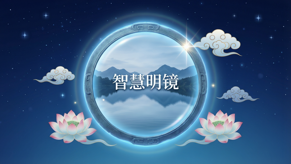 智慧明镜手机应用界面展示,画面中央是一面散发柔和蓝光的圆形古镜,镜面中倒映着宁静的湖面和远山,周围环绕着莲花与祥云元素,背景为深蓝渐变星空,主体突出,布局居中对称,排版简洁大气,风格为东方禅意与科技感结合,细节上镜面有细腻光晕,整体画质高清,干净无多余元素,图片中打文字“智慧明镜”