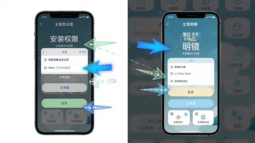 智慧明镜新手操作示意图,画面展示一部手机屏幕中显示安装权限设置界面和主界面,旁边有箭头指向各个功能按钮,布局为左右分栏,左侧为权限设置截图风格,右侧为主界面截图风格,风格简洁明快,细节上箭头有高亮颜色,画质高清,干净无多余元素,图片中打文字“智慧明镜”