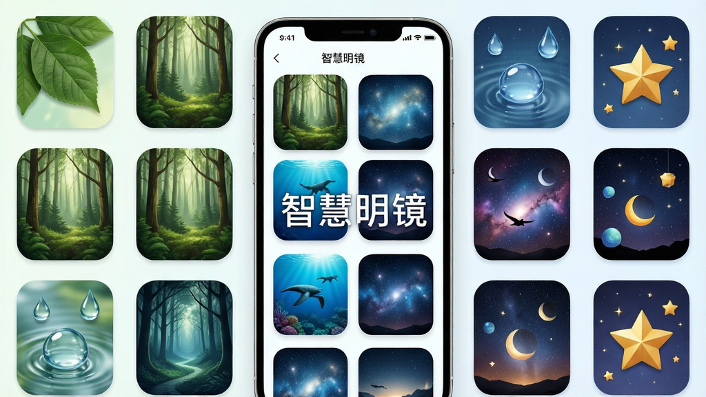 智慧明镜主题设置界面,画面中央为手机屏幕展示多款主题缩略图,包括森林、海洋、星空等风格,屏幕四周环绕着对应的自然元素如树叶、水滴、星星,布局为网格状排列,风格清新明快,细节上缩略图有圆角边框,画质高清,干净无多余元素,图片中打文字“智慧明镜”