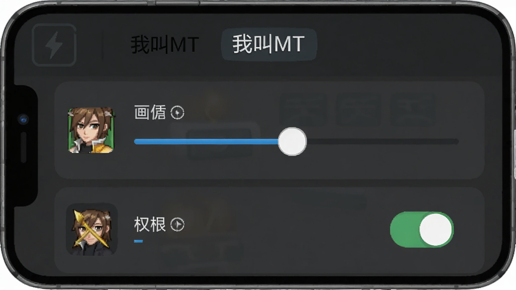 手机界面显示“我叫MT”游戏设置选项,画面中有画质调节滑块与权限开关,布局为纵向列表,排版清晰,风格为扁平化UI,细节包括图标与文字说明,画质高清,干净,无多余元素