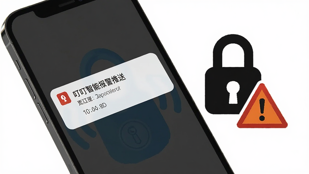 一张表现“叮叮智能”报警推送的图片,画面为手机屏幕弹出报警通知,手机旁边有门锁图标和警示符号,布局采用对角线构图,风格醒目但不刺眼,细节包括报警文字、时间,画质高清,干净无多余元素。