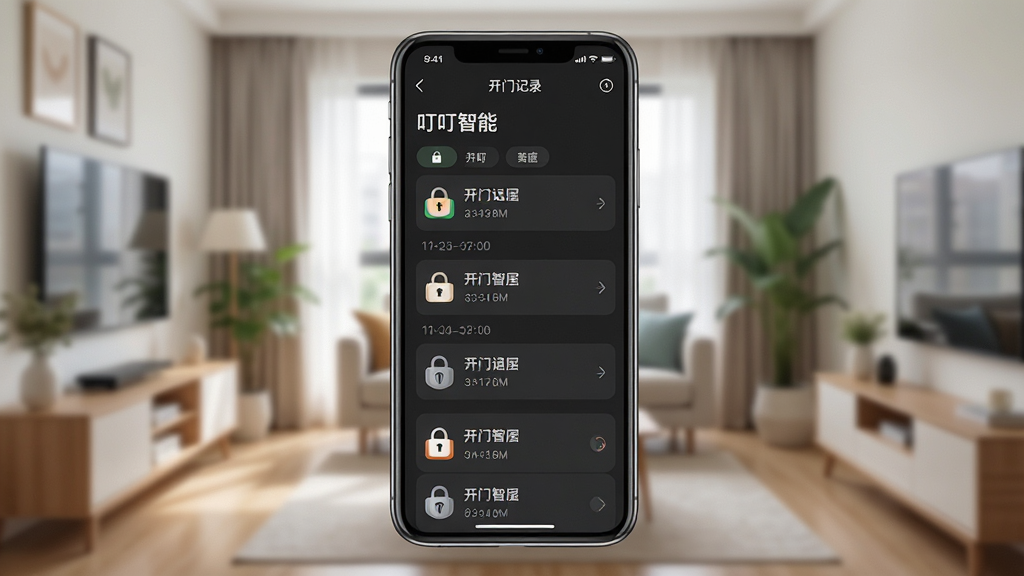一张展示“叮叮智能”开门记录界面的图片,主体为手机屏幕显示按时间排列的开门记录列表,背景为虚化的家居环境,布局居中,风格清爽简洁,细节包括开锁方式图标、时间戳,画质高清,干净无多余元素。