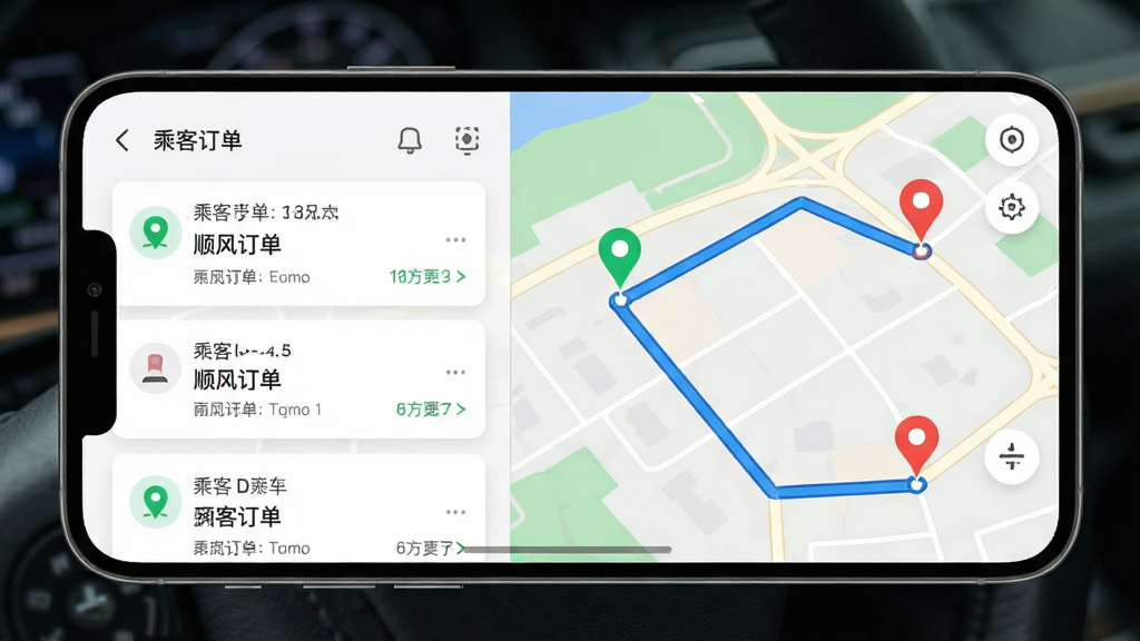 手机屏幕中展示顺风车出行软件的地图匹配界面,主体为手机与地图路线,布局为左右分栏,左侧显示乘客订单列表,右侧显示地图轨迹,排版清晰,风格为清新简约风,细节包含蓝色路线、绿色起点标记、红色终点标记、白色卡片,画质清晰,干净,无多余元素