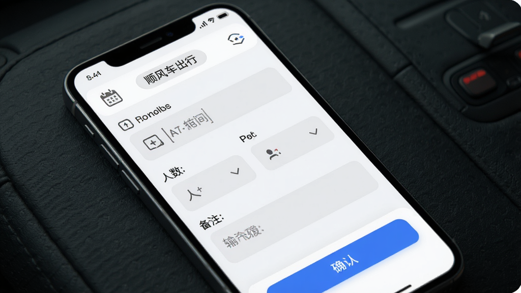 顺风车出行软件发布行程界面预览图,主体为手机屏幕,布局为表单式排版,包含时间选择、人数选择、备注输入框,风格为极简浅色风,细节包含蓝色确认按钮、灰色输入框、日历图标,画质清晰,干净,无多余元素