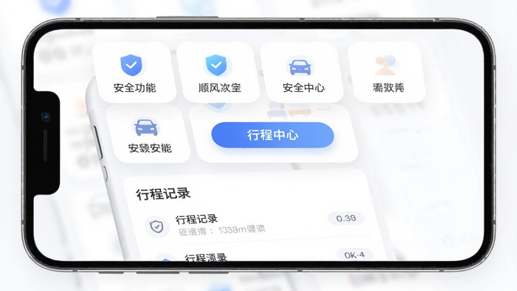 顺风车出行软件的安全中心页面预览图,主体为手机界面,布局为上下结构,上方为安全功能图标矩阵,下方为行程记录列表,排版整齐,风格为柔和圆角卡片风,细节包含盾牌图标、蓝色按钮、灰色文字说明,画质清晰,干净,无多余元素