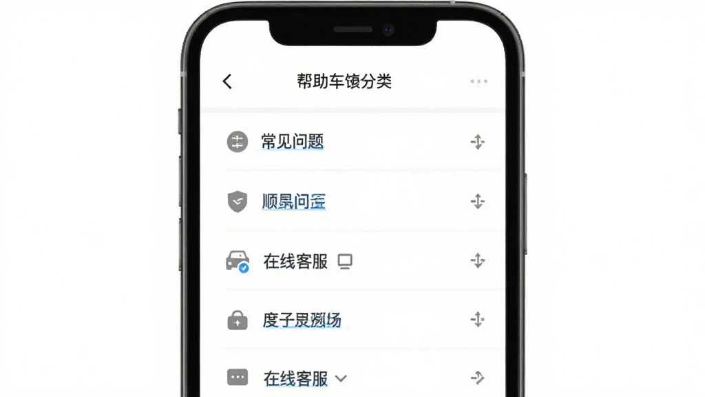 顺风车出行软件帮助与反馈页面预览图,主体为手机屏幕,布局为列表式排版,包含常见问题分类与在线客服入口,风格为素雅极简风,细节包含灰色图标、蓝色链接文字、白色背景,画质清晰,干净,无多余元素