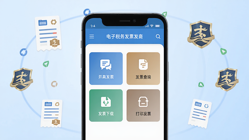 电子税务个人发票软件主界面展示,画面中央放置一部安卓手机,手机屏幕上显示电子税务个人发票应用的首页,界面包含开具发票、发票查询、发票下载、打印发票四个功能入口,背景为淡蓝色渐变,周围环绕电子发票图标和税务标识,整体布局简洁清晰,风格为扁平化商务风,细节处理精致,画质高清,干净无多余元素。