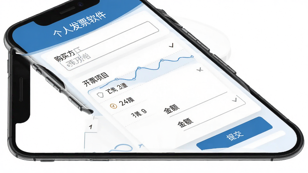 电子税务个人发票软件开具发票功能界面,手机屏幕显示开票表单填写页面,包含购买方名称输入框、开票项目选择列表、金额输入区域和提交按钮,界面采用卡片式布局,配色以蓝色和白色为主,风格简洁商务,画质清晰,干净无多余元素。