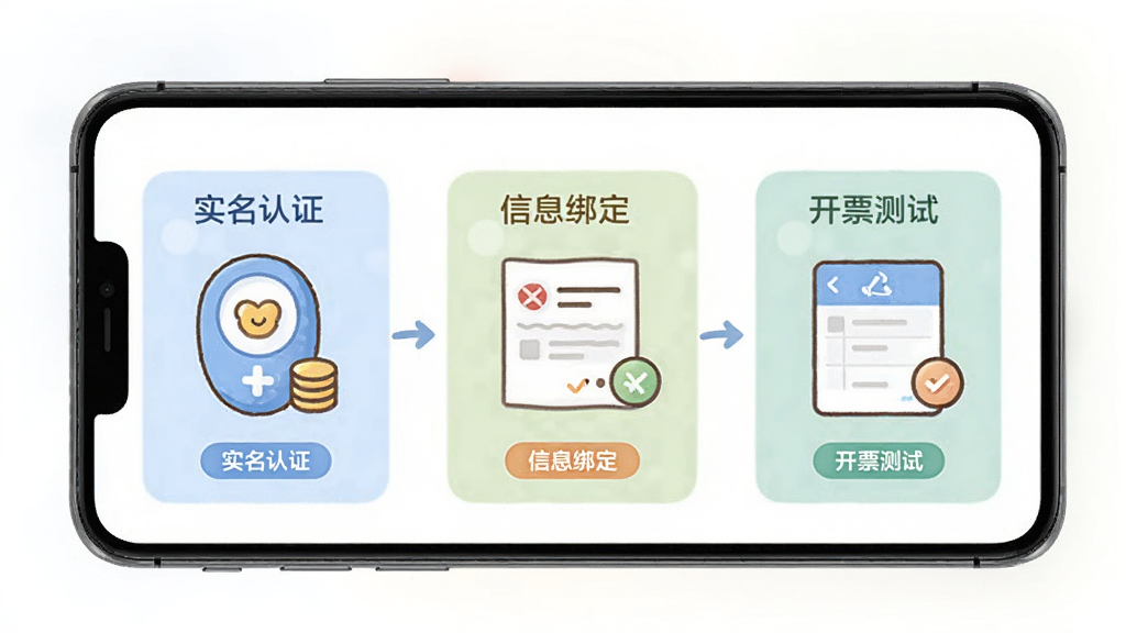 电子税务个人发票软件新手操作引导页面,手机屏幕显示分步操作图示,包含实名认证、信息绑定、开票测试三个步骤的卡通示意图,界面配色柔和,风格亲切易懂,画质清晰,干净无多余元素。