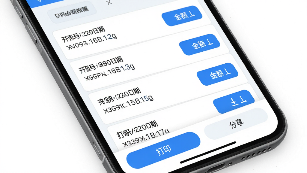 电子税务个人发票软件发票管理界面,手机屏幕显示发票列表页面,每条发票记录包含发票号码、开票日期、金额和下载按钮,底部有打印和分享操作栏,界面采用浅色背景搭配蓝色高亮按钮,风格清爽简约,画质高清,干净无多余元素。