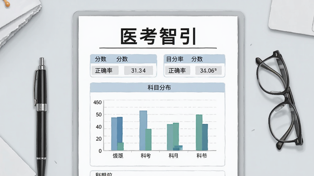 画面展示一张医学模拟考试成绩单,成绩单上方写着“医考智引”,成绩单上有分数、正确率、科目分布柱状图等元素,背景是简洁的浅灰色桌面,旁边放置一支笔和一副眼镜,整体采用写实插画风格,布局居中,细节清晰,画质高清,干净无多余元素
