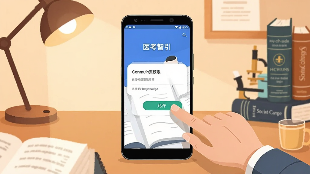 画面展示一部安卓手机放置在书桌上,手机屏幕显示“医考智引”的安装权限设置界面,旁边有一只手正在点击“允许”按钮,背景是温馨的书房环境,有台灯和医学书籍,整体采用扁平插画风格,色调温暖,布局居中,细节清晰,画质高清,无多余元素