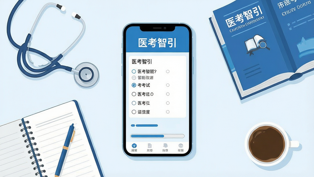画面中央放置一部竖屏智能手机,手机屏幕内展示医学考试刷题界面,顶部标题写着“医考智引”,下方是单选题选项与答题卡进度条,手机周围环绕听诊器、医学教材、笔记本与咖啡杯,整体采用扁平插画风格,色调以蓝白为主,画面干净整洁,布局左右均衡,细节清晰,画质高清,无多余元素