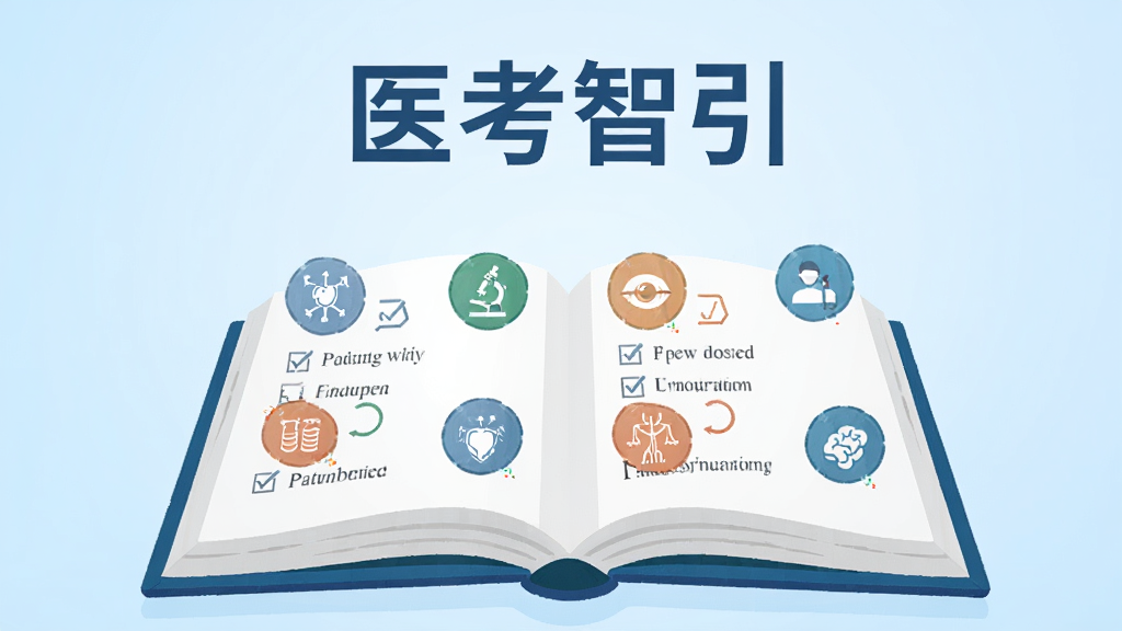 画面主体是一本展开的医学考试题库书籍,书页上浮现出多个医学知识点图标与答题选项,书籍上方悬浮着“医考智引”四个字,背景是淡蓝色渐变,整体采用扁平化插画风格,布局居中对称,细节丰富,画质清晰,干净无多余元素