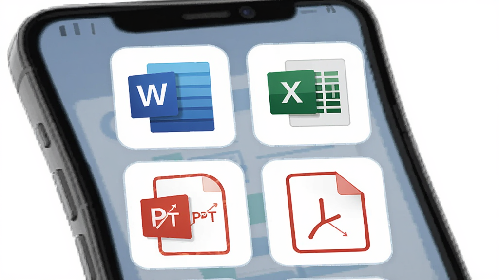 WeDoc 多格式文档兼容功能展示,主体为手机屏幕中同时排列 Word、Excel、PPT、PDF 四种文档图标,布局为两行两列网格状,排版整齐,风格为科技感扁平插画,细节包含每种格式的标识色与简洁线条,画质清晰,背景干净,无多余元素