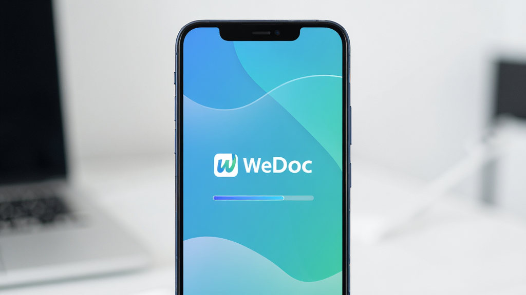 WeDoc 轻量快速启动特性展示,主体为一部安卓手机屏幕中显示应用启动画面,画面中央有 WeDoc 标识与加载进度条,布局居中,排版极简,风格为清爽科技风,细节包含渐变背景与流畅线条,画质高清,画面干净,无多余元素