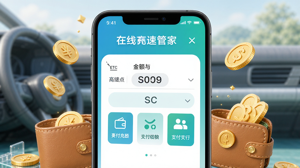 ETC高速管家在线充值功能展示,手机屏幕显示充值页面,包含金额选择和支付方式图标,周围环绕金币和钱包元素,布局居中,风格清新浅色,色调以蓝绿为主,细节清晰,画质高清,干净无多余元素