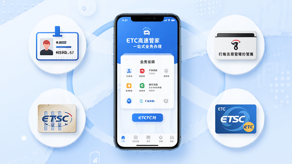 ETC高速管家一站式业务办理功能展示,画面中央一部手机屏幕显示业务办理页面,周围环绕身份证、行驶证、ETC卡片等图标元素,布局对称,风格现代简约,色调以蓝白为主,细节清晰,画质高清,干净无多余元素
