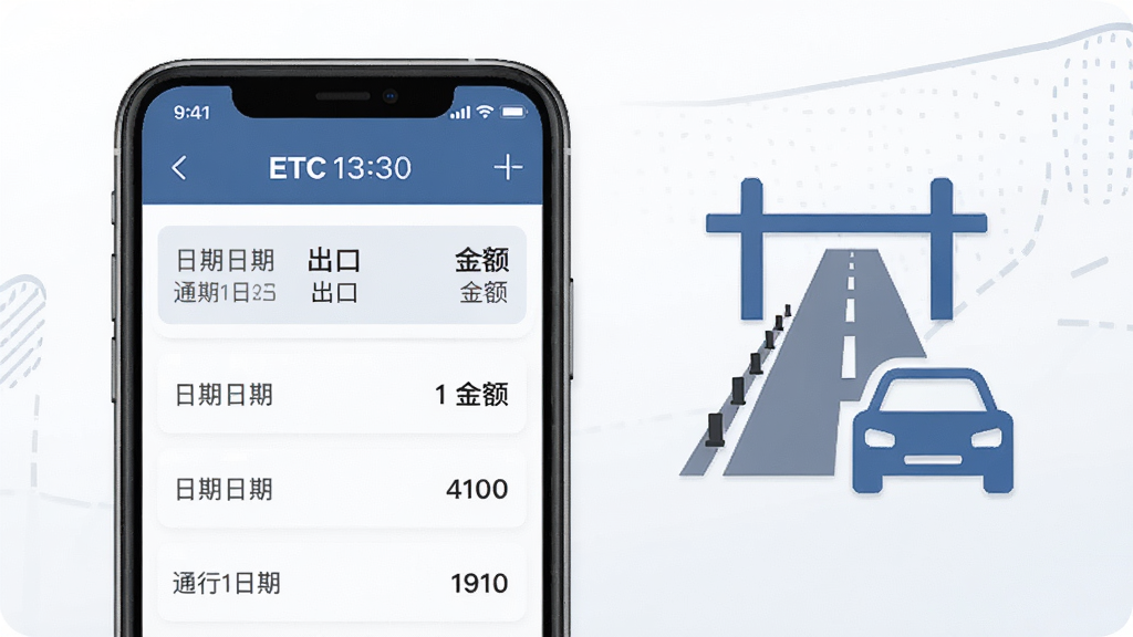 ETC高速管家通行记录查询功能展示,手机屏幕显示通行记录列表,包含日期、出入口、金额等信息,旁边放置高速公路和汽车图标,布局清晰,风格简约商务,色调以蓝灰为主,细节精致,画质高清,干净无多余元素