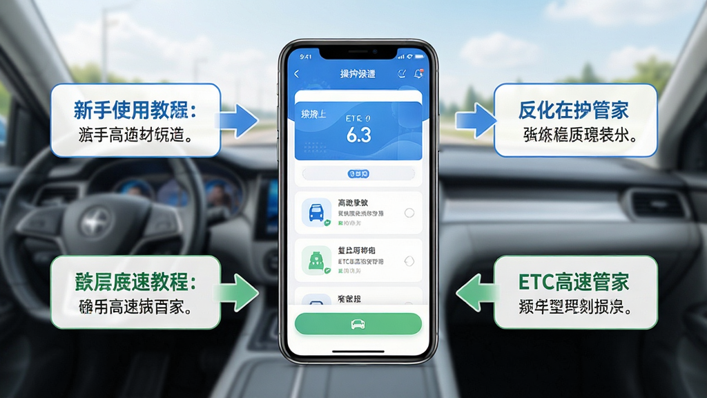 ETC高速管家新手使用教程示意图,画面中央一部手机展示APP操作步骤,旁边有箭头指引和提示文字框,布局清晰有序,风格清新浅色,色调以蓝白绿为主,细节精致,画质高清,干净无多余元素