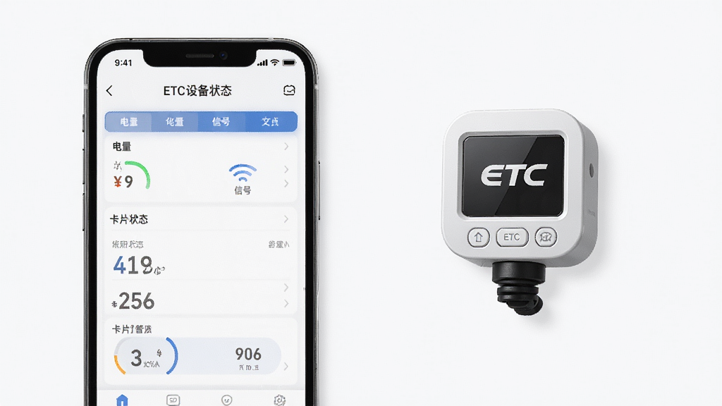 ETC高速管家设备管理功能展示,手机屏幕显示ETC设备状态页面,包含电量、信号、卡片状态等指标,旁边放置ETC设备实物图标,布局简洁,风格素雅极简,色调以白灰蓝为主,细节精致,画质高清,干净无多余元素