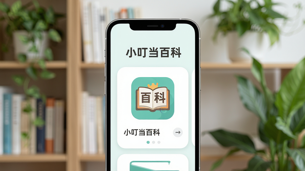 主体是一个手机屏幕展示知识卡片界面,布局为居中放置手机,背景是书架和绿植,排版采用上下结构,风格为清新简约扁平化,细节包括屏幕内有“小叮当百科”文字和百科图标,画质高清干净无多余元素