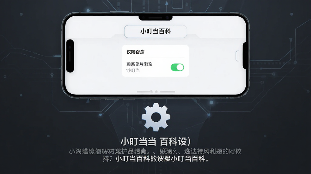 主体是手机屏幕显示小叮当百科设置界面,布局为居中手机与齿轮图标组合,排版为上方手机下方文字说明,风格为科技简约风,细节包括屏幕内有“小叮当百科”和权限开关图标,画质高清干净无多余元素