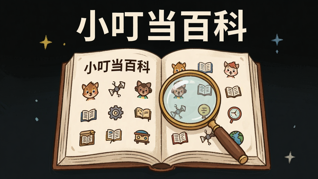 主体是打开的百科书籍与放大镜组合,布局为中心对称,排版为上方标题下方内容,风格为知识科普插画风,细节包括书页上有“小叮当百科”字样和各类知识图标,画质清晰干净无多余元素
