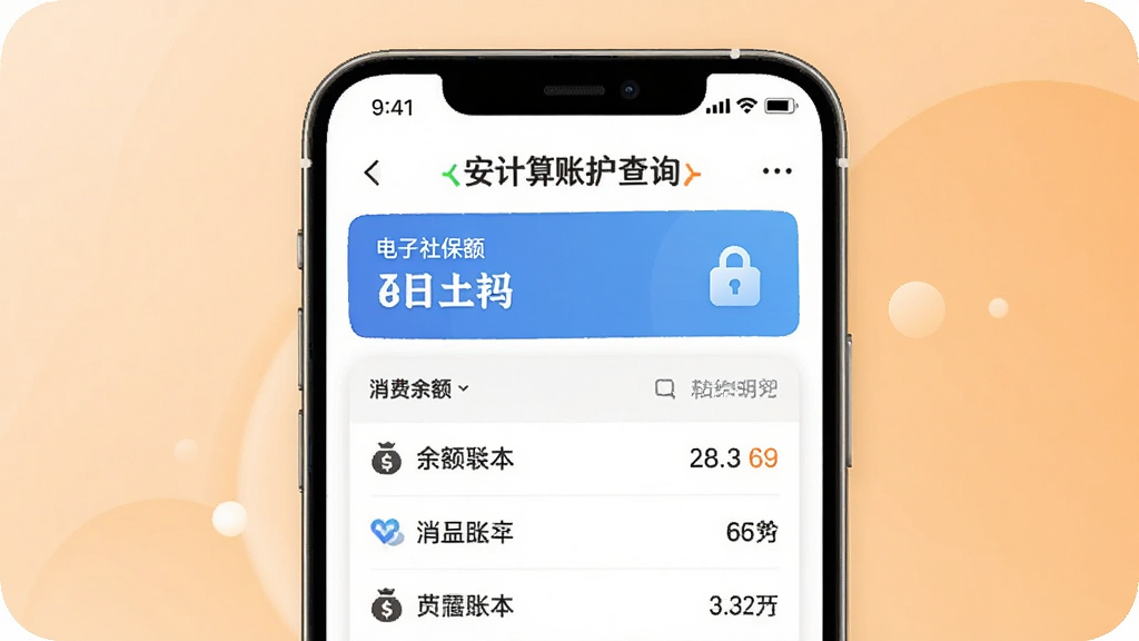 一张展示电子社保安心计算医保账户查询功能的AI生图,画面中央是手机屏幕,屏幕内显示医保余额和消费明细列表,背景为浅橙色渐变,风格温馨简洁,细节清晰,画质干净,无多余元素