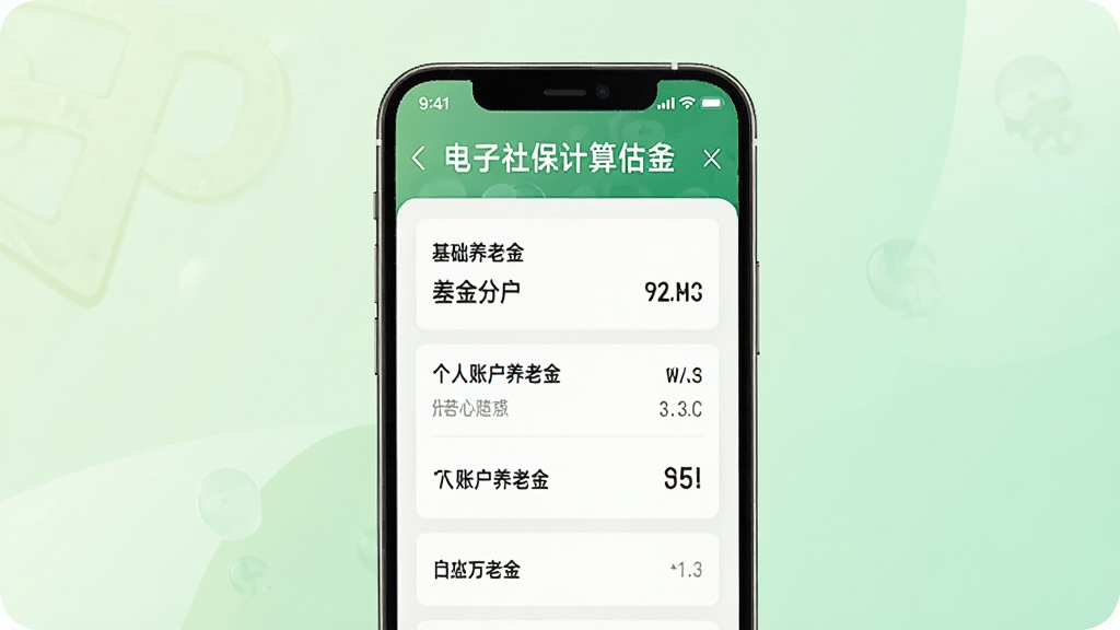 一张展示电子社保安心计算养老金估算功能的AI生图,画面中央是手机屏幕,屏幕内显示养老金计算结果页面,包含基础养老金、个人账户养老金等数据,背景为淡绿色渐变,风格商务简洁,细节清晰,画质干净,无多余元素