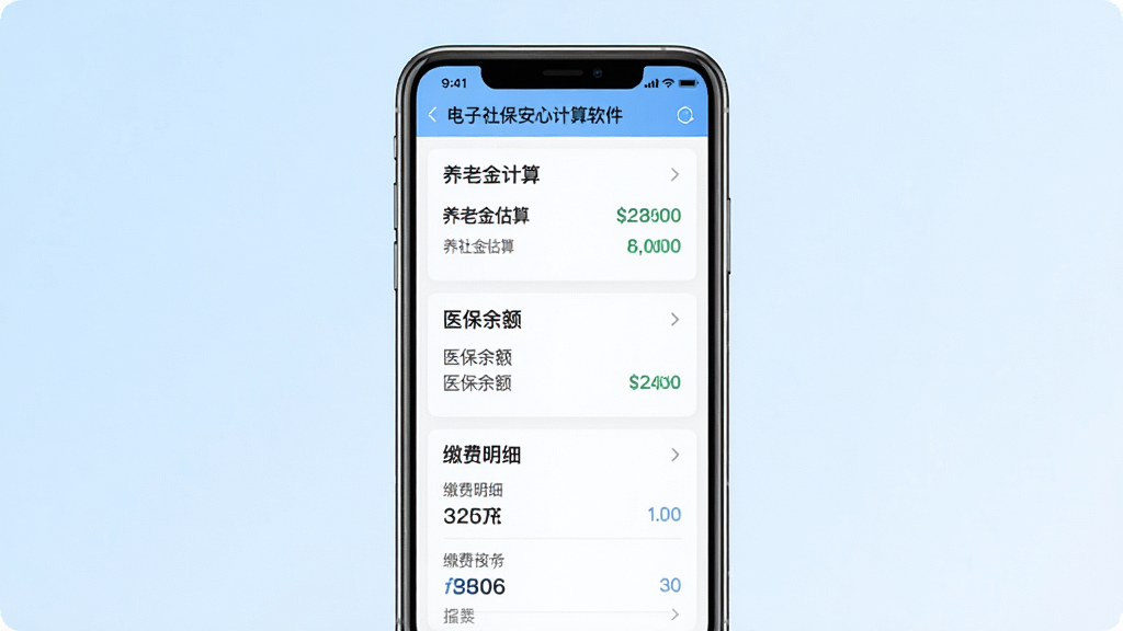 一张展示电子社保安心计算软件界面的预览图,画面中央是手机屏幕,屏幕内显示社保计算器界面,包含养老金估算、医保余额、缴费明细等模块,背景为浅蓝色渐变,风格简洁清新,细节清晰,画质干净,无多余元素