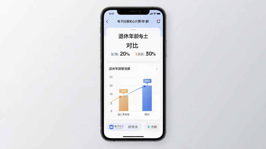 一张展示电子社保安心计算退休年龄测算功能的AI生图,画面中央是手机屏幕,屏幕内显示退休年龄测算结果和对比图表,背景为浅灰色渐变,风格现代简洁,细节清晰,画质干净,无多余元素