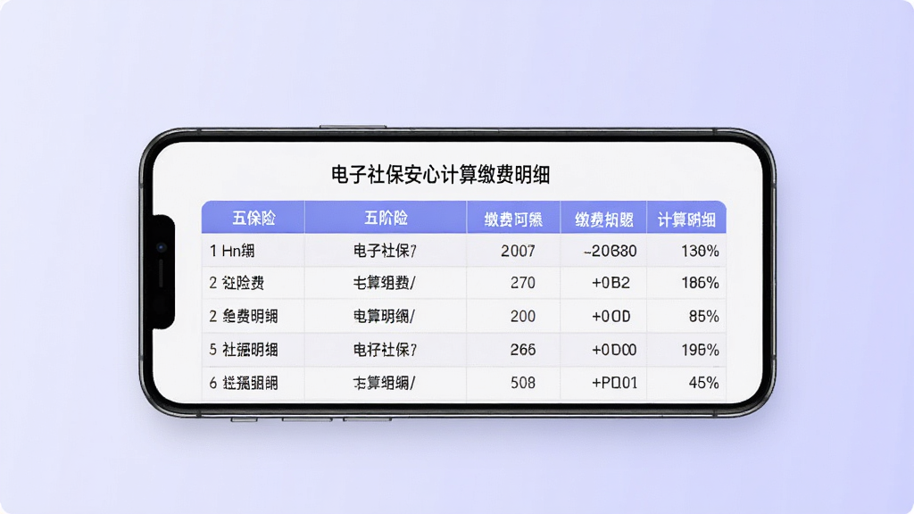 一张展示电子社保安心计算缴费明细功能的AI生图,画面中央是手机屏幕,屏幕内显示五险缴费明细表格,背景为浅紫色渐变,风格专业简洁,细节清晰,画质干净,无多余元素