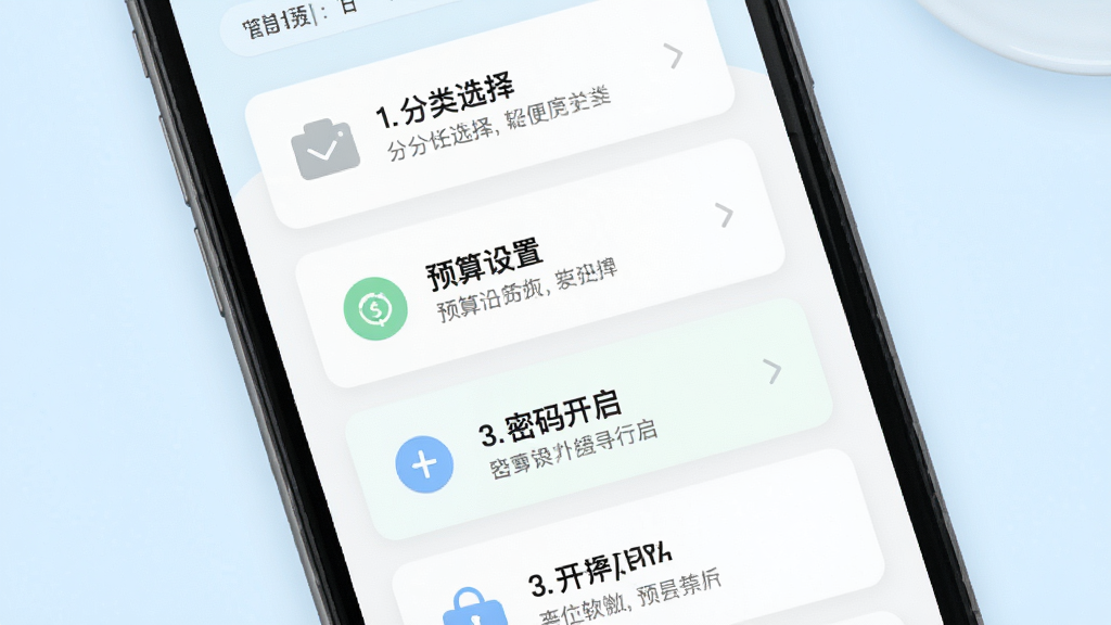轻便记账软件新手设置引导页面,主体为手机屏幕中的步骤提示卡片,布局为纵向排列,包含分类选择、预算设置、密码开启三个步骤,风格为清新浅色,细节包含数字序号与图标,画质清晰,背景淡蓝,无多余元素