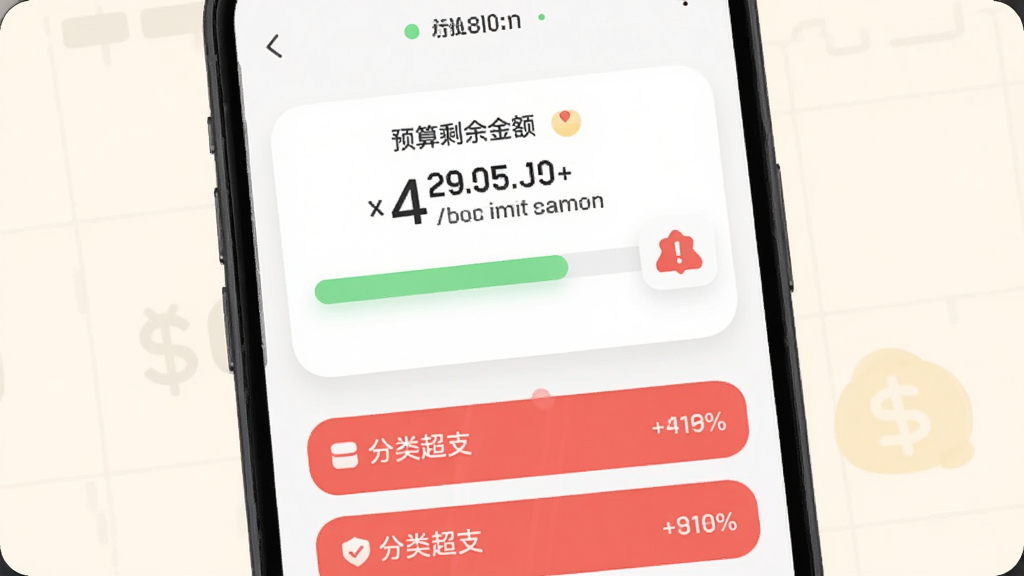 轻便记账软件预算提醒界面,主体为手机屏幕中的进度条与警示图标,布局为卡片式,上方显示预算剩余金额,下方为分类超支红色提示,风格为柔和圆角,细节包含数字与百分比,画质干净,背景浅色,无多余元素