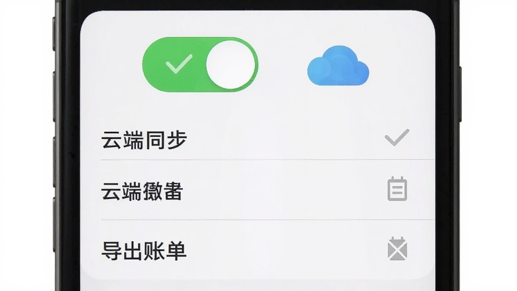轻便记账软件数据备份设置界面,主体为手机屏幕中的开关按钮与云图标,布局为列表式排列,包含本地备份、云端同步、导出账单等选项,风格为素雅极简,细节包含绿色对勾与灰色禁用状态,画质清晰,背景纯白,无多余元素