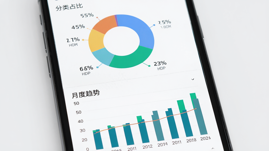 轻便记账软件统计报表页面,主体为手机屏幕中的饼状图与柱状图组合,布局为上下排列,上方是分类占比环形图,下方是月度趋势柱状图,风格为简约商务,细节包含百分比标注与颜色区分,画质清晰,背景浅灰,无多余元素