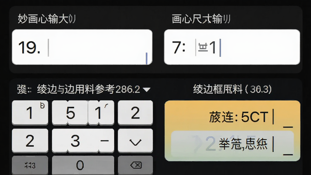 妙在装裱尺寸计算功能界面,主体为手机屏幕中显示数字输入框与计算结果区域,布局为上下结构,上方为画心尺寸输入,下方为绫边与边框用料参考数值,风格为工具类应用界面,细节包含数字键盘、单位标注清晰、结果高亮显示,画质高清,干净,无多余元素