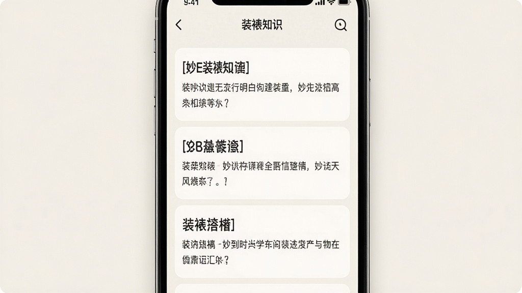 妙在装裱知识查阅页面,主体为手机屏幕显示装裱知识条目列表,布局为纵向列表,每条包含标题与简短说明,风格为阅读类应用界面,细节包含字体清晰、条目间距舒适、背景为浅色,画质高清,干净,无多余元素