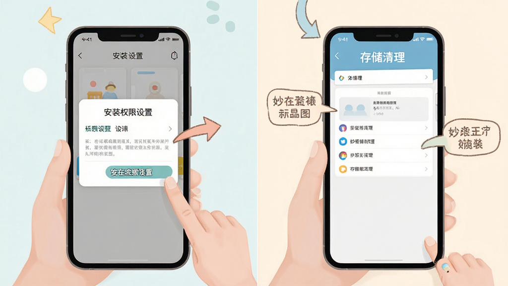 妙在装裱新手操作示意图,主体为手机屏幕显示安装权限设置与存储清理界面,布局为左右分屏展示两个操作步骤,风格为教程类插图,细节包含箭头指引、文字标注清晰、配色柔和,画质高清,干净,无多余元素