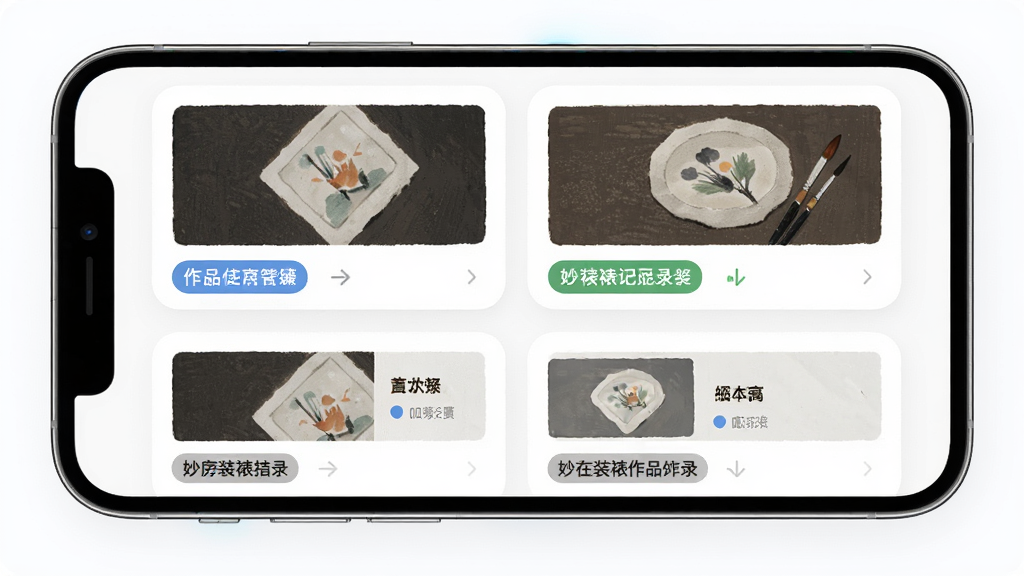 妙在装裱作品记录管理界面,主体为手机屏幕显示作品卡片列表,布局为双列卡片排列,每张卡片包含作品缩略图与名称标签,风格为轻量管理类应用,细节包含卡片圆角、标签颜色区分、缩略图清晰,画质高清,干净,无多余元素