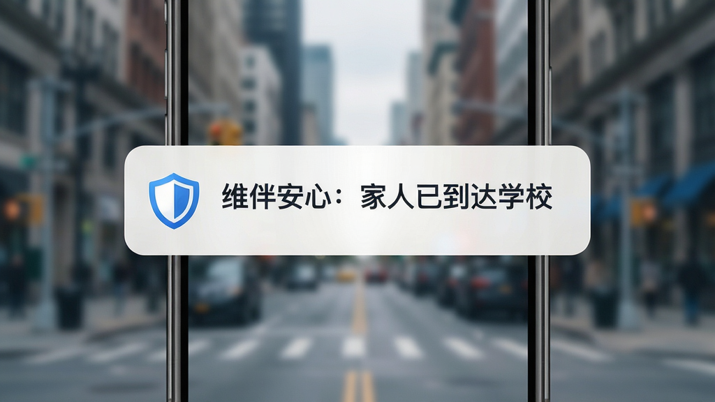 画面主体是一个手机通知界面,弹窗显示“维伴安心:家人已到达学校”的字样,背景是模糊的城市街景;布局为竖版手机屏幕,通知卡片位于中央;排版清晰,文字醒目;风格为现代简约,蓝白配色;细节上通知图标带有盾牌元素;画质高清,干净,无多余元素。