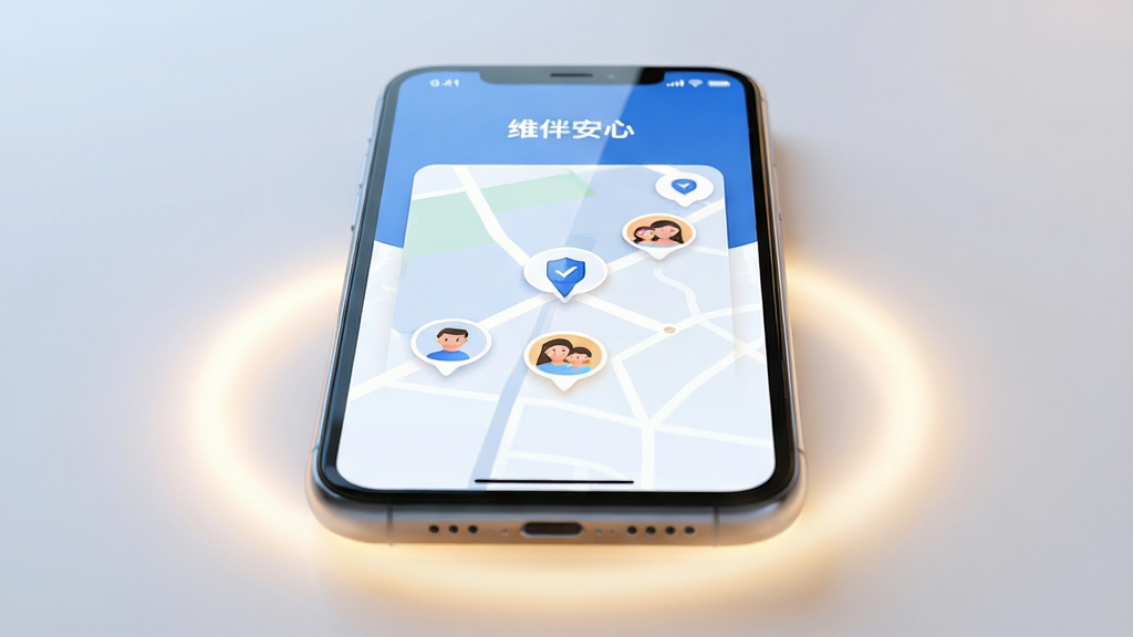 画面主体是一部智能手机,屏幕显示维伴安心应用的主界面,界面中央是简约的地图与家人头像图标;布局采用居中构图,手机下方环绕着柔和的光晕;排版简洁,突出应用界面;风格为现代科技感,色调以蓝白为主,温暖柔和;细节上屏幕有轻微反光,图标清晰精致;画质高清,干净,无多余元素。