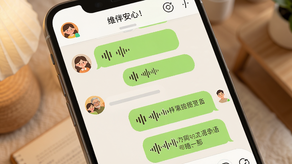 画面主体是维伴安心的聊天界面,显示家人群组内的语音消息气泡和文字消息,头像温馨;布局为竖版手机屏幕,聊天记录自然排列;排版清爽,信息层级分明;风格为温暖社交风,浅色背景;细节上语音气泡带有声波图标;画质高清,干净,无多余元素。