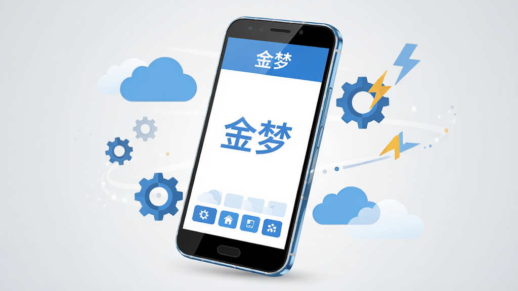 画面中心是一部安卓手机,手机屏幕显示“金梦”软件主界面,界面干净简洁,顶部有“金梦”文字标识,底部有功能按钮排列。手机周围环绕着云朵、齿轮、闪电等图标象征功能丰富与运行流畅。布局采用居中构图,手机略微倾斜展示屏幕内容。风格为扁平化科技风,配色以蓝色和白色为主,细节上手机边框有轻微反光,背景为浅灰色渐变。画质清晰,干净,无多余元素。