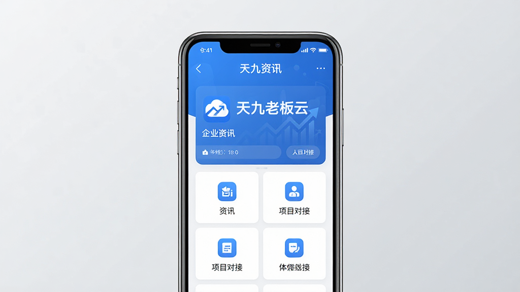 手机屏幕中显示天九老板云应用主界面,主体为一台竖向摆放的智能手机,屏幕内呈现蓝色商务风格的首页布局,包含企业资讯卡片与项目对接入口图标,背景为浅灰色渐变,整体排版简洁,风格为现代商务扁平化,细节上突出应用图标与界面文字“天九老板云”,画质清晰,干净,无多余元素