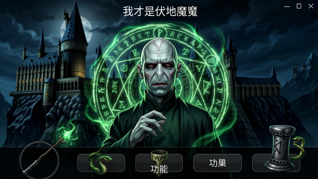 我才是伏地魔软件主界面展示,画面中央是伏地魔角色立绘,周围环绕魔法阵和绿色光芒,背景是霍格沃茨城堡夜景,整体风格暗黑魔法风,布局为手机屏幕竖版截图,排版上方显示软件名称我才是伏地魔,下方显示功能按钮,细节包含魔法杖、蛇、魂器等元素,画质高清,画面干净无多余元素