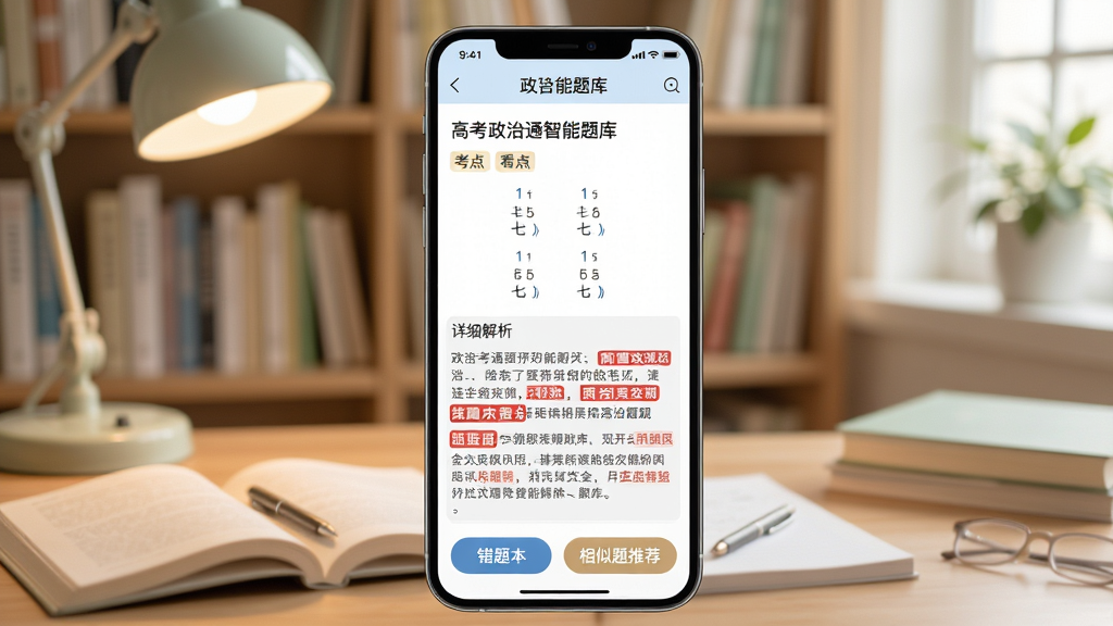 高考政治通智能题库界面,手机屏幕显示一道政治选择题和详细解析,屏幕下方有错题本图标和相似题推荐按钮,背景是书房学习环境,风格柔和清新,细节包括题目旁的考点标签和解析中的红色重点标注,画质清晰,干净,无多余元素