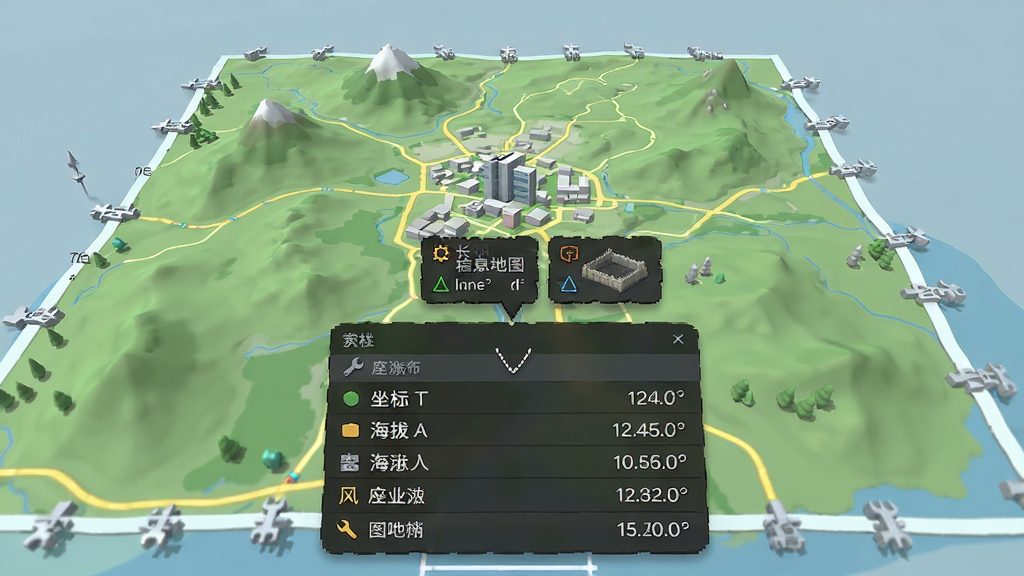 三维地图发现 长按地图弹出坐标海拔信息 布局底部弹窗 排版信息列表 风格工具类 细节经纬度数字 画质清晰 干净 无多余元素